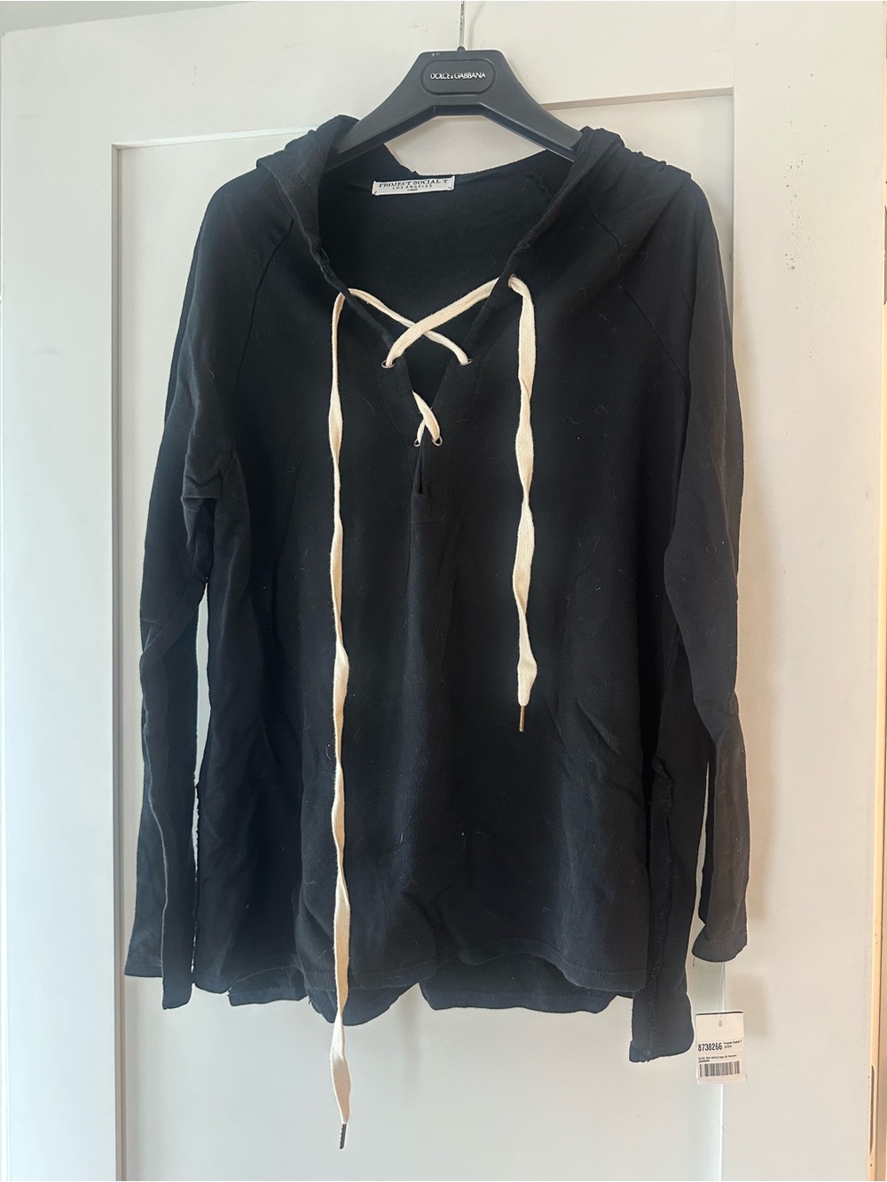 Project Social T Black Hooded Lace-Up Sweater with Cream Drawstrings